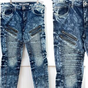 Trillnation Mens 36 Acid Wash Biker Moto Jeans Zipper Detail Denim Y2K Grunge